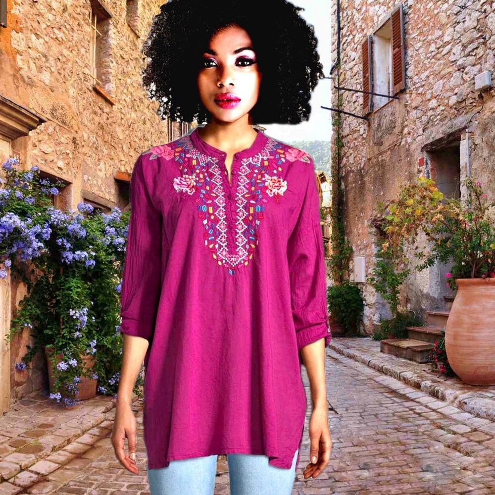 Johnny Was Gemstone Cotton Voile Peasant Blouse Tunic Top NWT